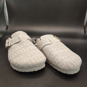 Skechers Arch Fit Slip On Clogs Sz 6 Cream Tweed Rhinestone Buckle Comfort NWT